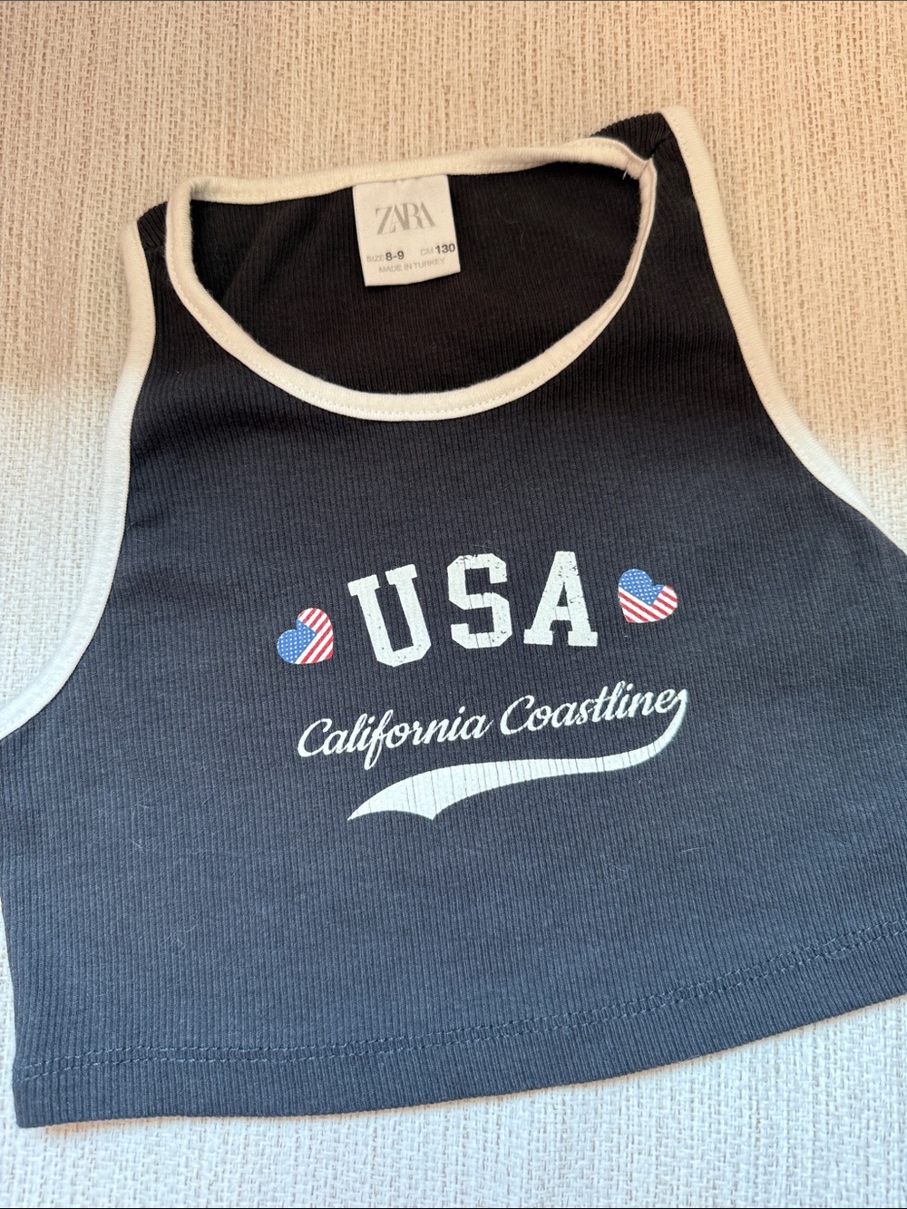 ZARA Navy Cropped Ribbed USA Graphic Tank with White Trim Can ship quickly!